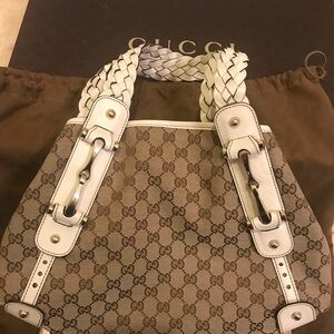 Authentic Gucci Beige GG Canvas Shoulder Bag with White Braided Handles